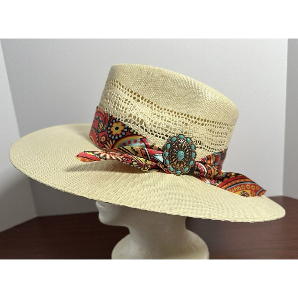 Charlie 1 Horse Chisos Straw Cowboy Hat New Turquoise Concho Scarf Band Size S